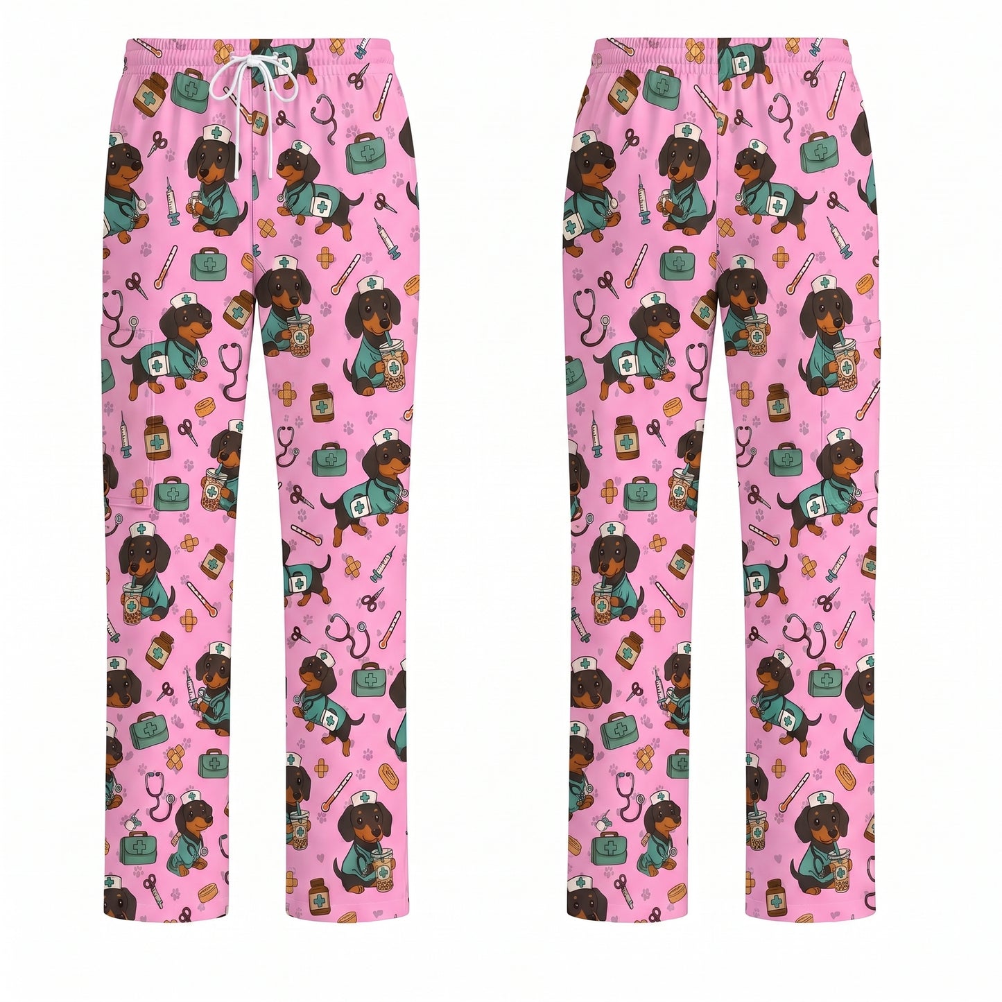 Funny Dachshund Pattern Medical Shirt Nursing, Cute Wiener Dog Nurse Scrub Top, Breathable Med Uniform, RN CNA Doctor Scrubs