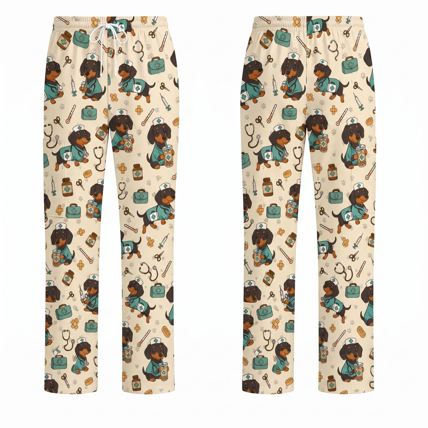 Funny Dachshund Pattern Medical Shirt Nursing, Cute Wiener Dog Nurse Scrub Top, Breathable Med Uniform, RN CNA Doctor Scrubs