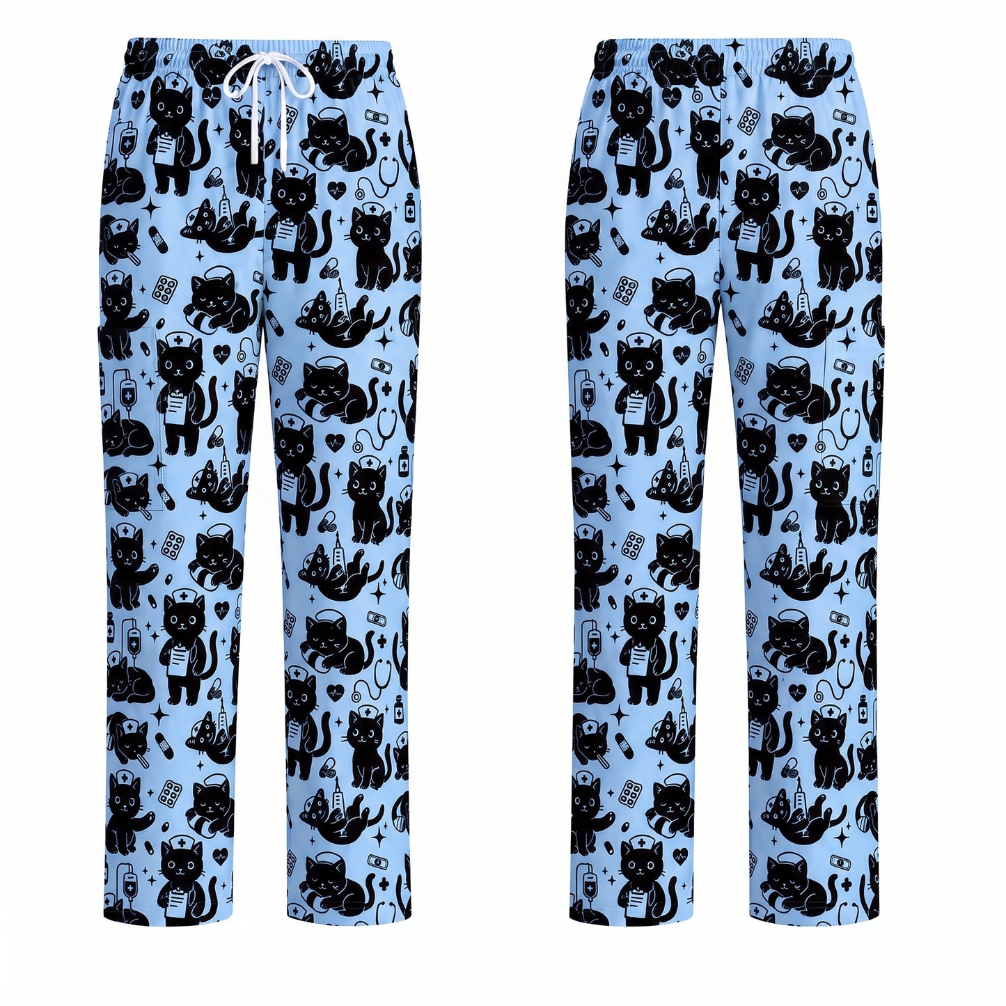 Funny Cat Pattern Scrub, Cute Black Cat Nurse Pattern Scrub Top, Breathable Fabrics Nursing Uniform