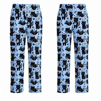 Funny Cat Pattern Scrub, Cute Black Cat Nurse Pattern Scrub Top, Breathable Fabrics Nursing Uniform