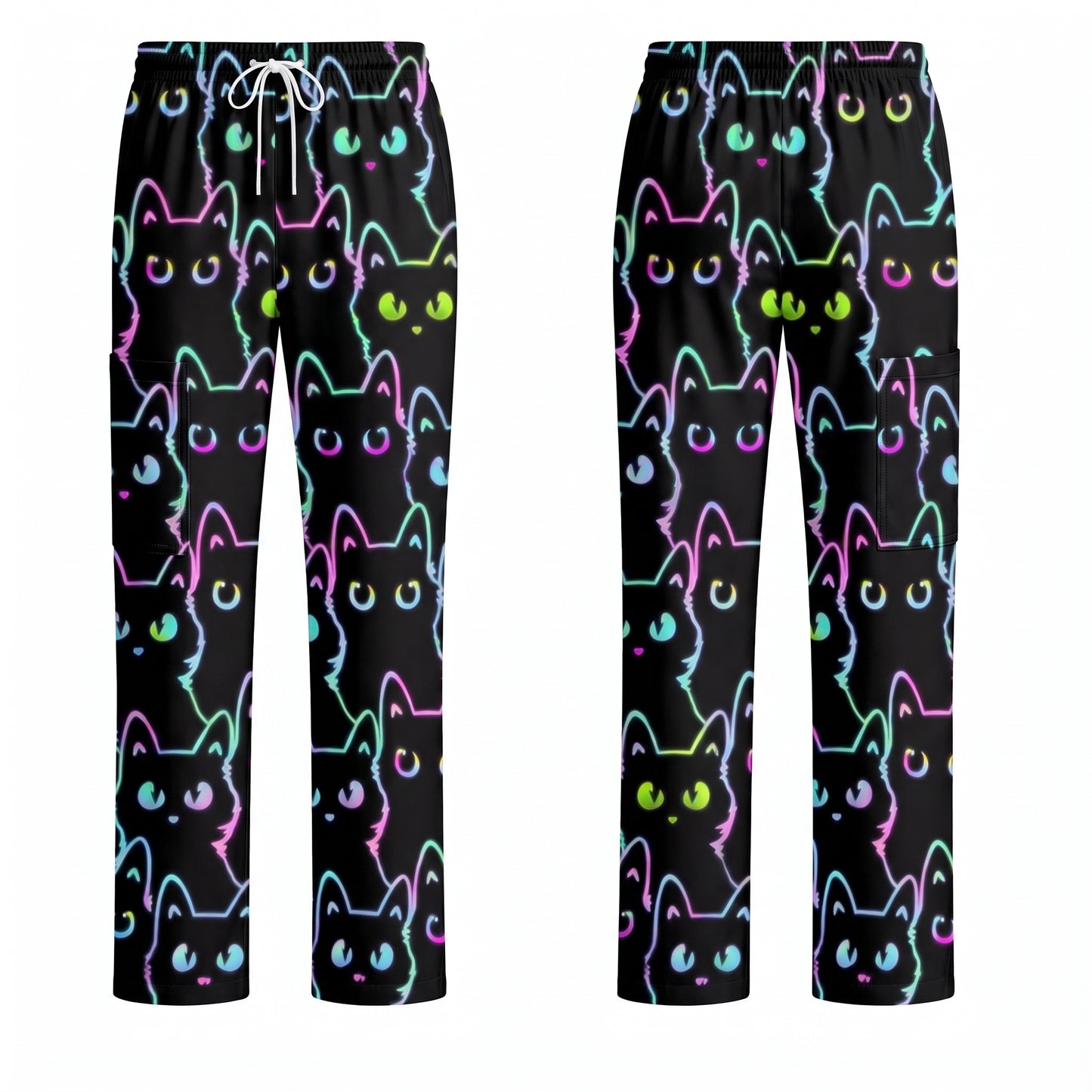 Black Cat Scrub Shirt, Neon Cat Pattern Scrub Top, Breathable Fabrics Nursing Uniform