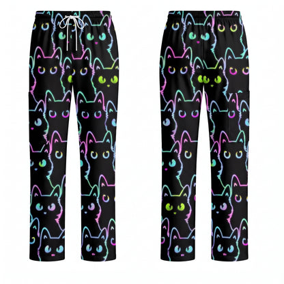 Black Cat Scrub Shirt, Neon Cat Pattern Scrub Top, Breathable Fabrics Nursing Uniform