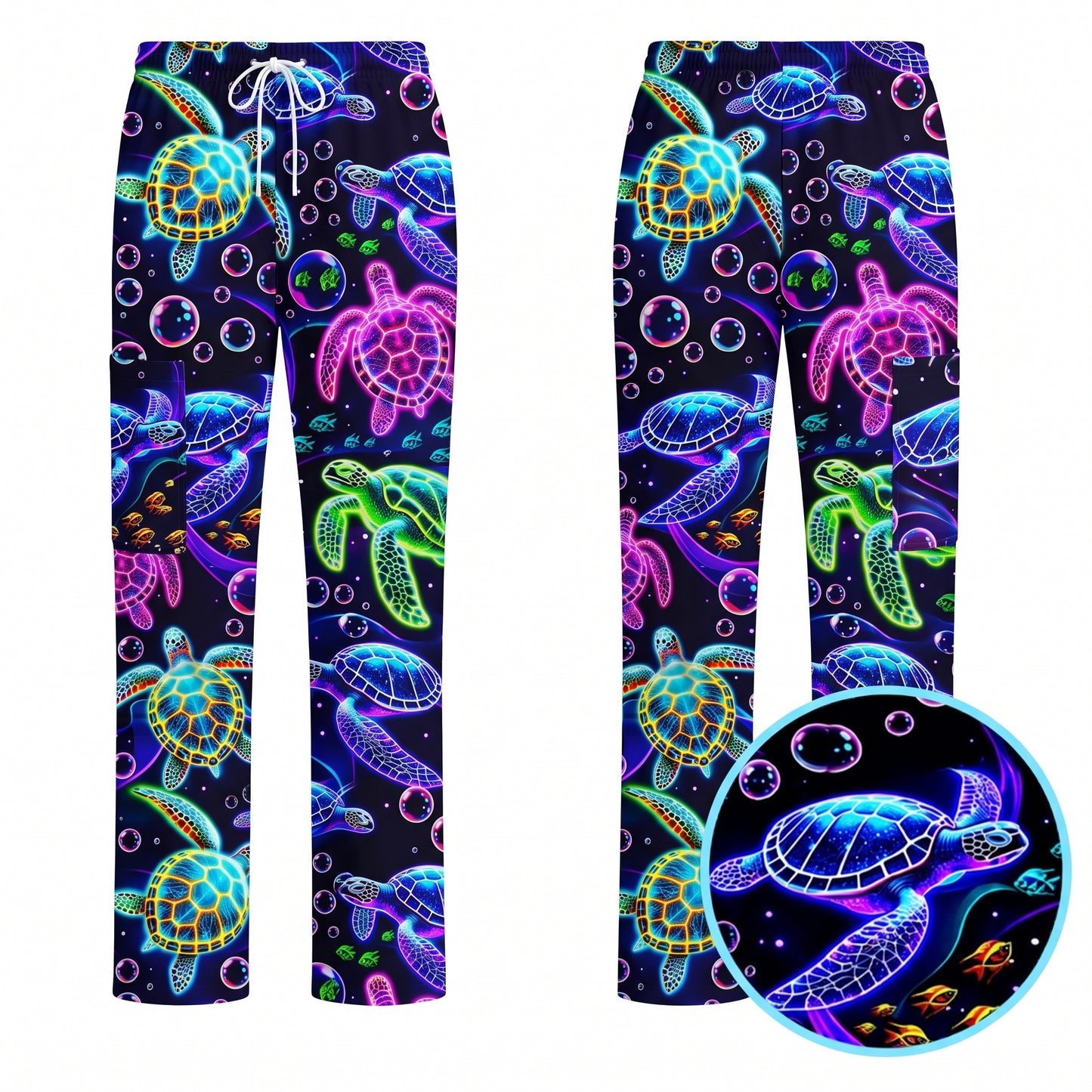 Ocean Pattern Scrub, Neon Sea Turtle Swimming Bubble Ocean Scrub Top, Breathable Fabrics Nursing Uniform