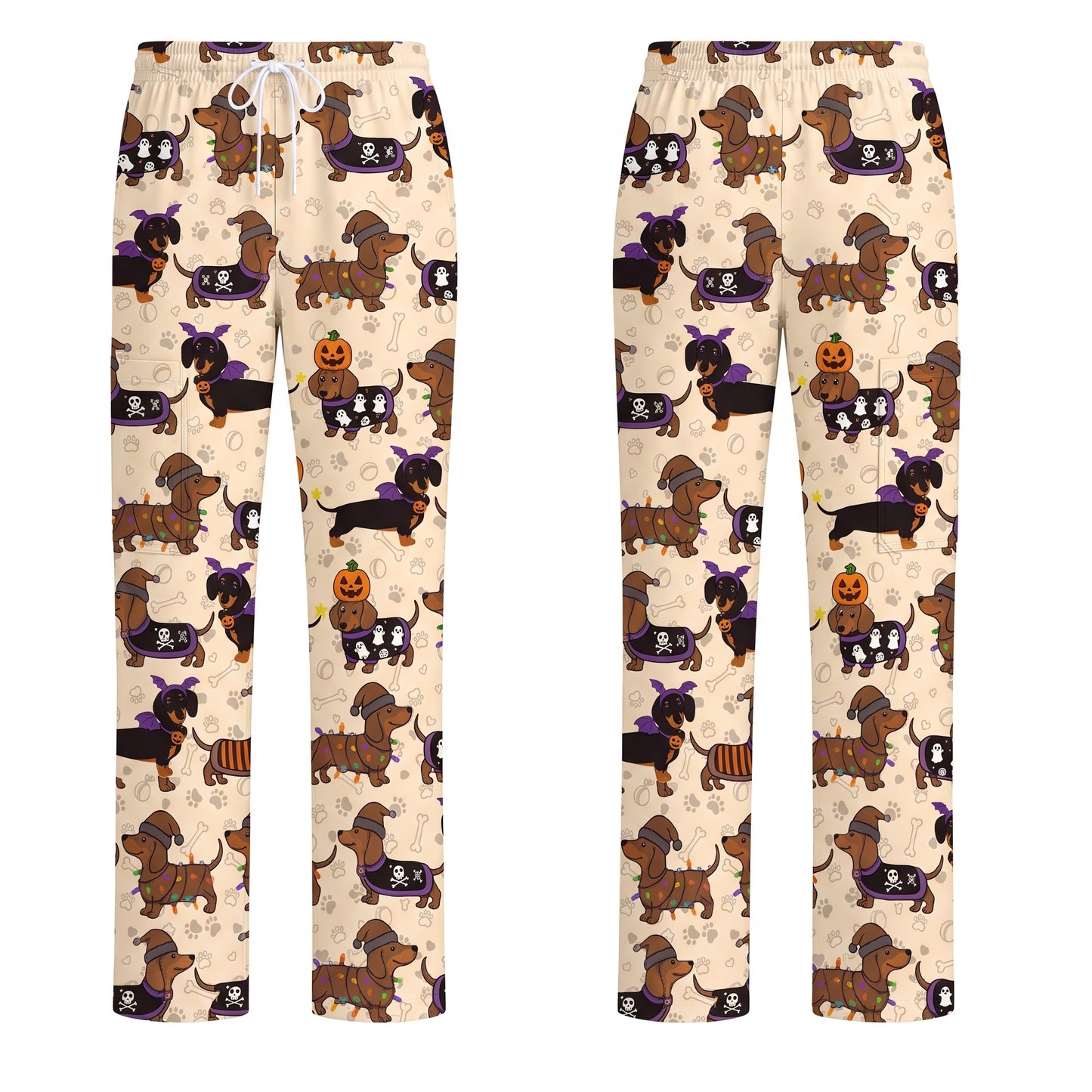 Funny Wiener Dog Pattern Scrub, Halloween Dachshund with Pumpkin Ghost Print Scrub Set, Breathable Fabrics Nursing Uniform
