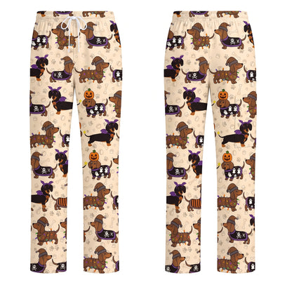 Funny Wiener Dog Pattern Scrub, Halloween Dachshund with Pumpkin Ghost Print Scrub Set, Breathable Fabrics Nursing Uniform
