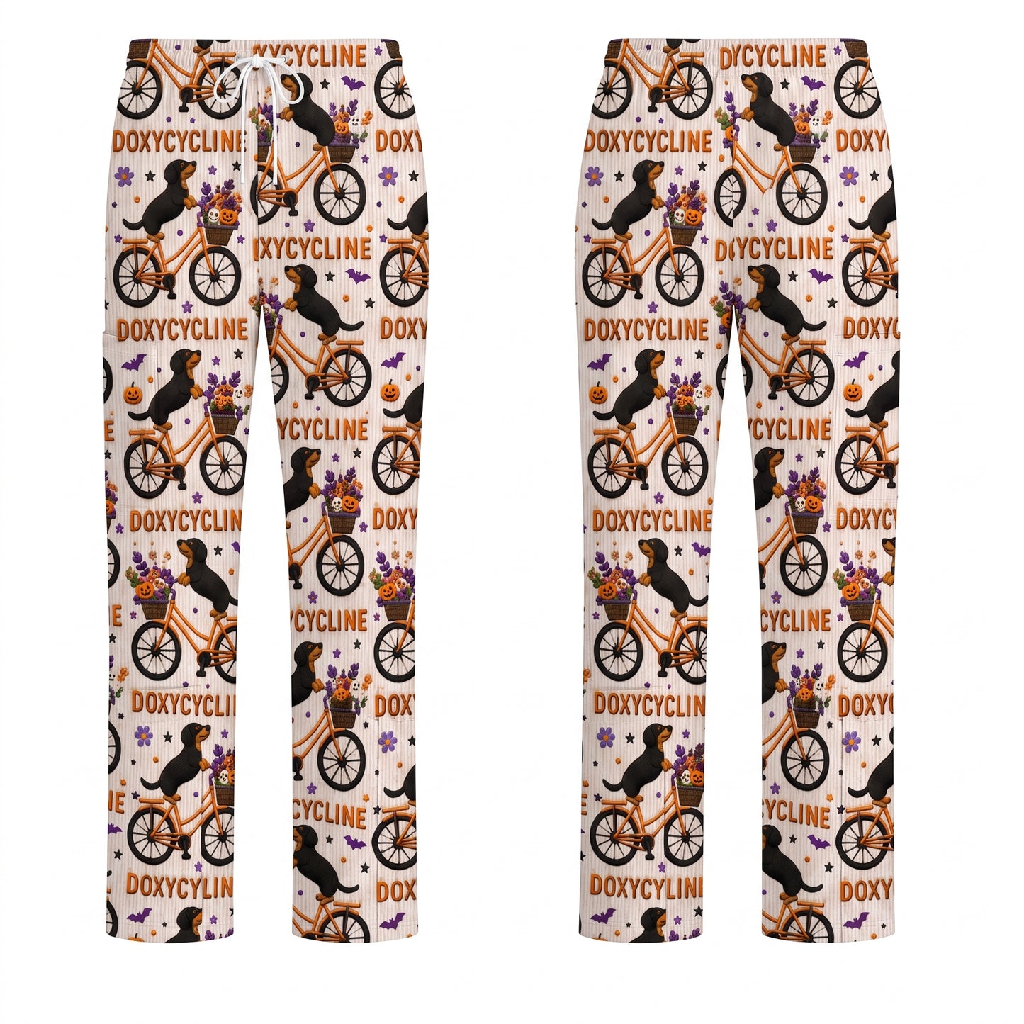 Funny Wiener Dog Pattern Scrub, Halloween Dachshund with Doxycycline Bike Scrub Top, Breathable Fabrics Nursing Uniform