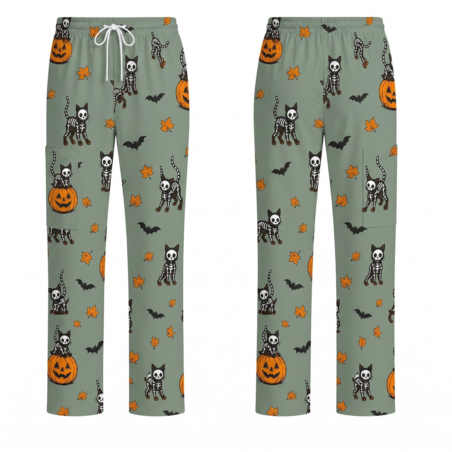 Skeleton Cat Pattern Scrub Set, Scrub Pants and V Neck Top, Breathable Fabrics Nursing Uniform