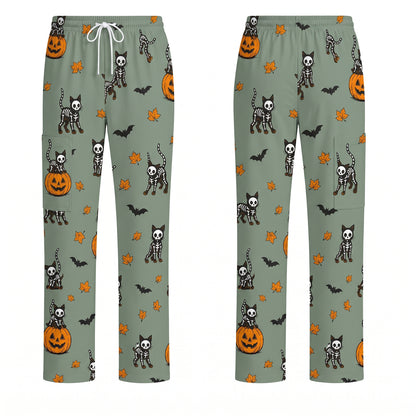 Skeleton Cat Pattern Scrub Set, Scrub Pants and V Neck Top, Breathable Fabrics Nursing Uniform