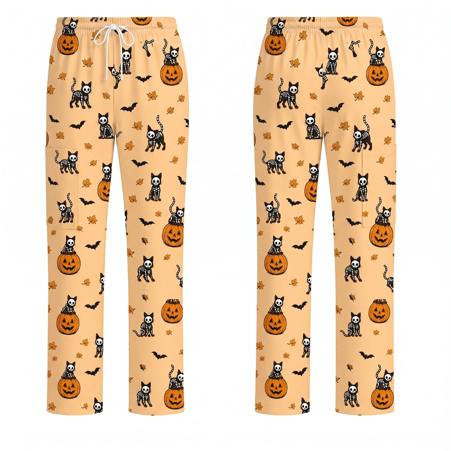 Skeleton Cat Pattern Scrub Set, Scrub Pants and V Neck Top, Breathable Fabrics Nursing Uniform