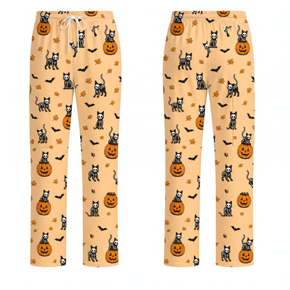 Skeleton Cat Pattern Scrub Set, Scrub Pants and V Neck Top, Breathable Fabrics Nursing Uniform