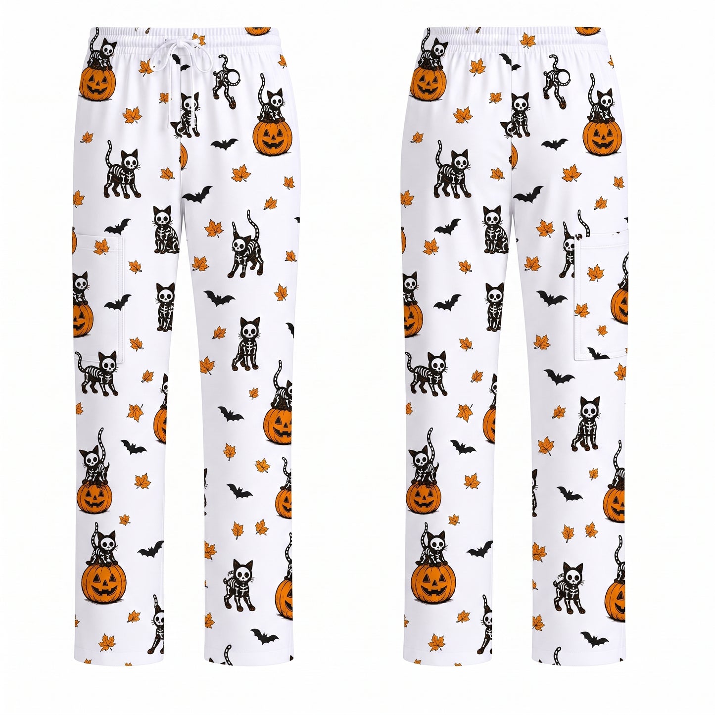 Skeleton Cat Pattern Scrub Set, Scrub Pants and V Neck Top, Breathable Fabrics Nursing Uniform