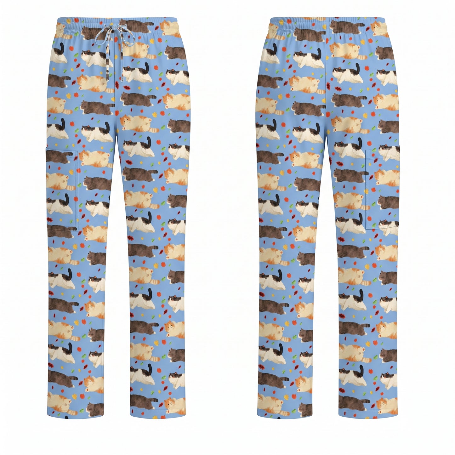 Chubby Cat Autumn Leaves Print Scrub Set, Cat Pattern Scrub For Nursing, Breathable Med Uniform
