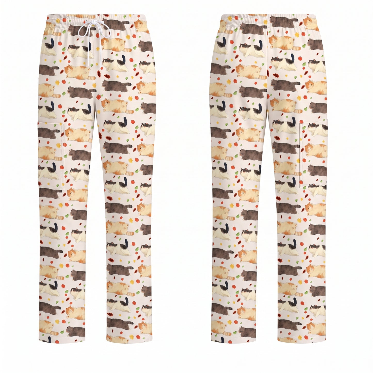 Chubby Cat Autumn Leaves Print Scrub Set, Cat Pattern Scrub For Nursing, Breathable Med Uniform