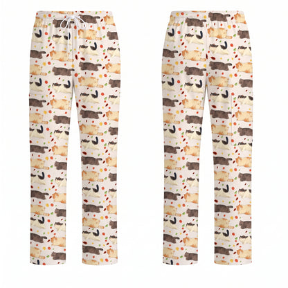 Chubby Cat Autumn Leaves Print Scrub Set, Cat Pattern Scrub For Nursing, Breathable Med Uniform