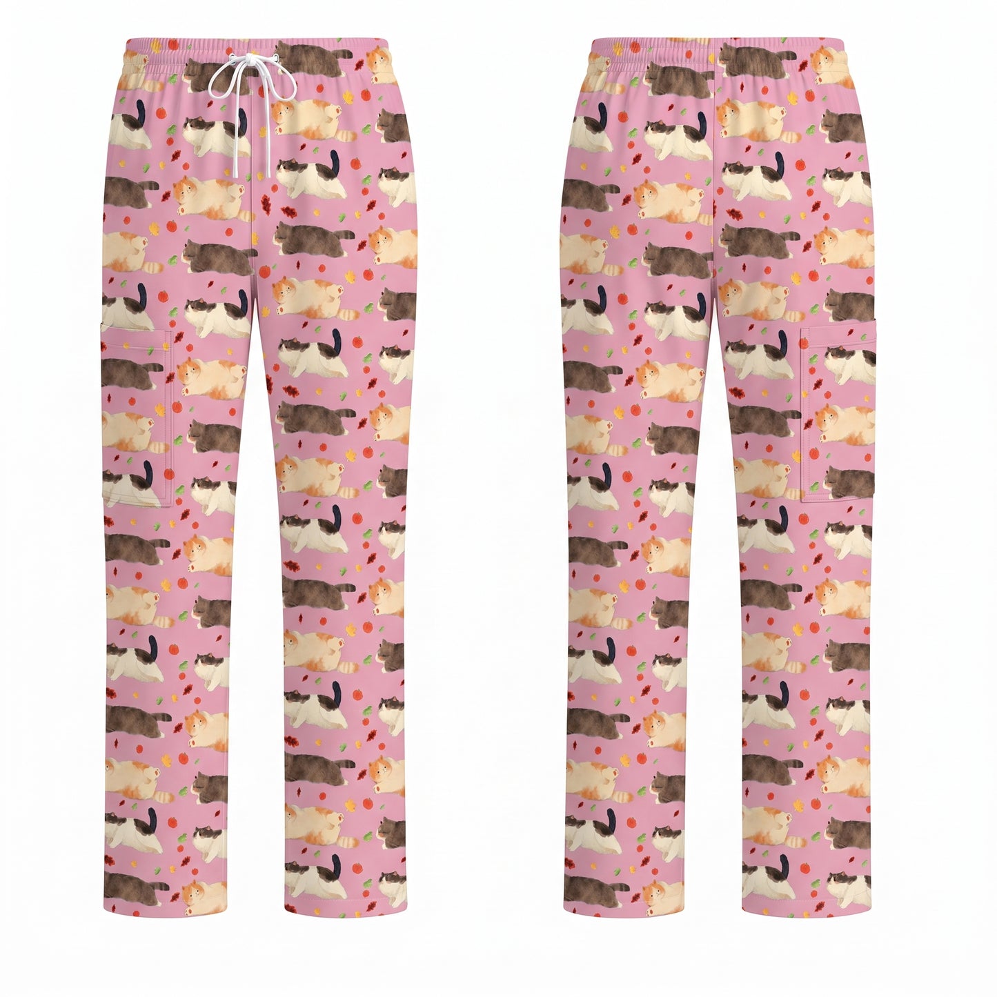 Chubby Cat Autumn Leaves Print Scrub Set, Cat Pattern Scrub For Nursing, Breathable Med Uniform