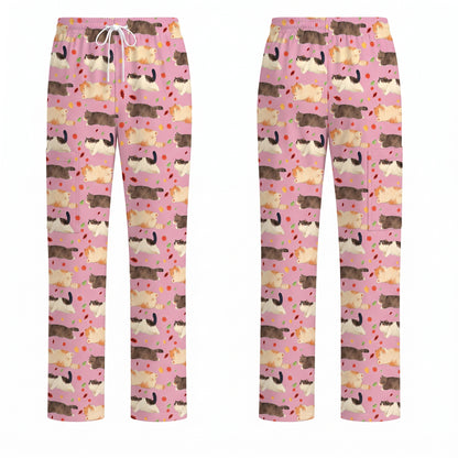 Chubby Cat Autumn Leaves Print Scrub Set, Cat Pattern Scrub For Nursing, Breathable Med Uniform