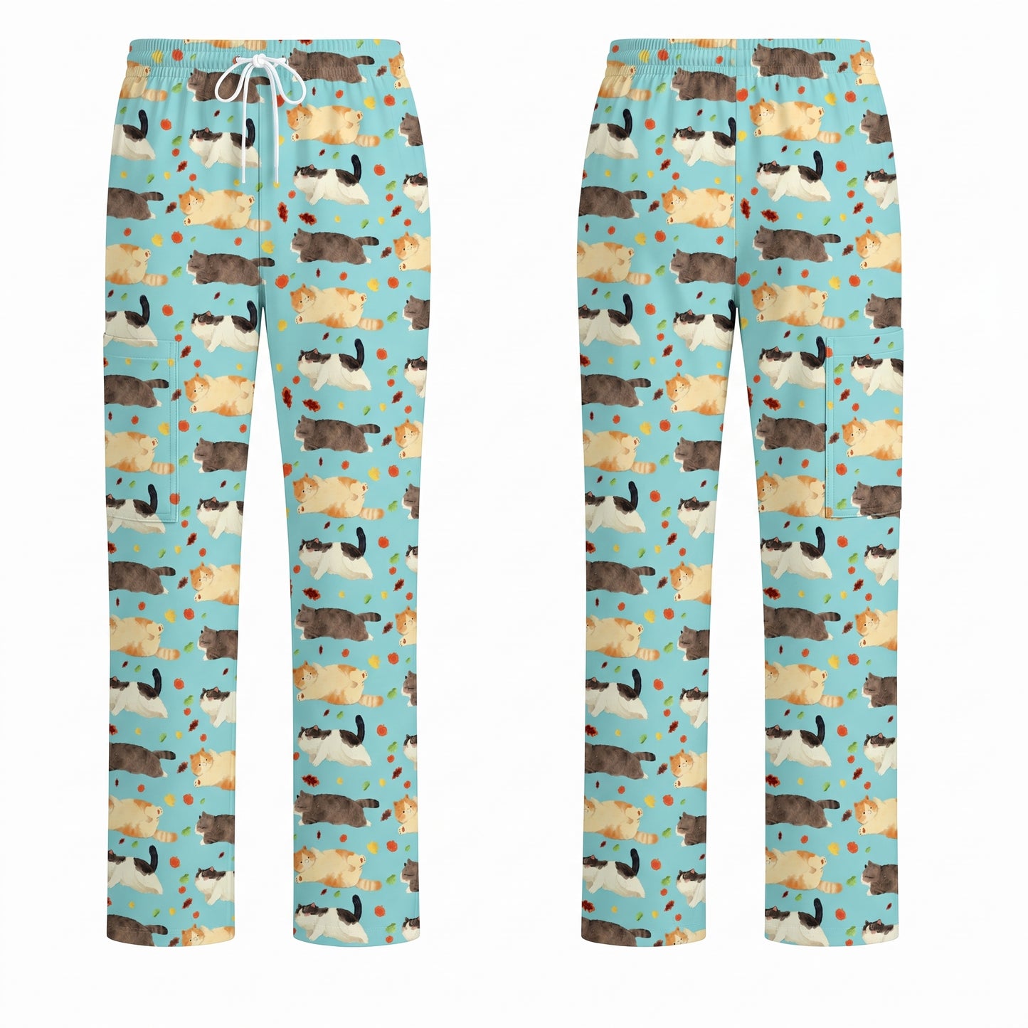 Chubby Cat Autumn Leaves Print Scrub Set, Cat Pattern Scrub For Nursing, Breathable Med Uniform
