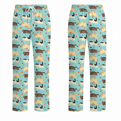 Chubby Cat Autumn Leaves Print Scrub Set, Cat Pattern Scrub For Nursing, Breathable Med Uniform