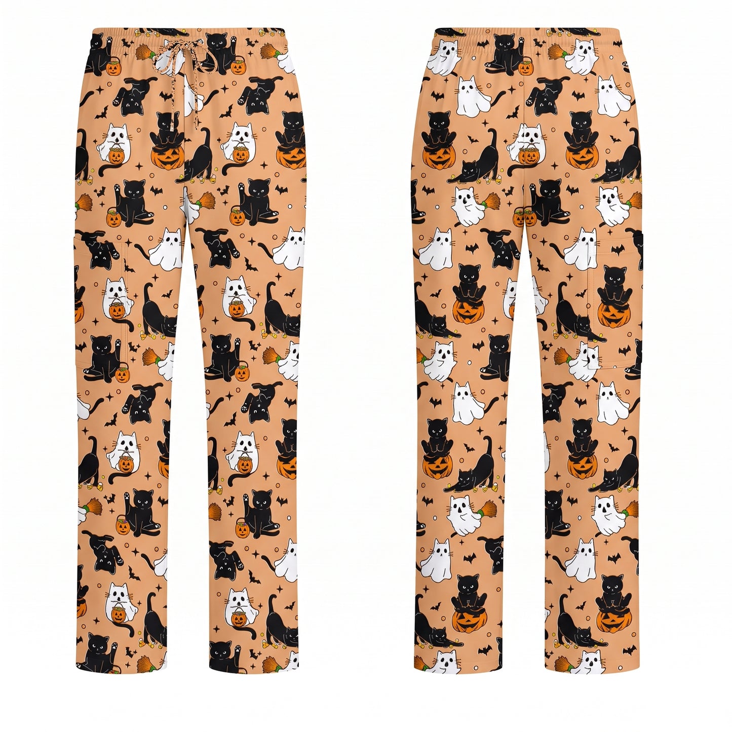 Halloween Cat Ghost Pumpkin Pattern Scrub Set, Scrub Pants and V Neck Top, Breathable Fabrics Nursing Uniform