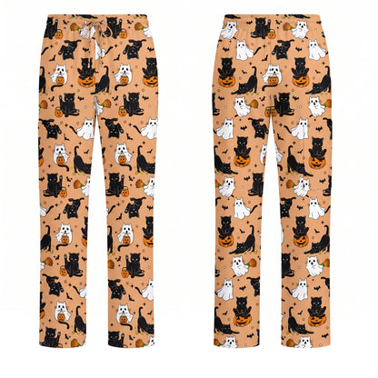 Halloween Cat Ghost Pumpkin Pattern Scrub Set, Scrub Pants and V Neck Top, Breathable Fabrics Nursing Uniform