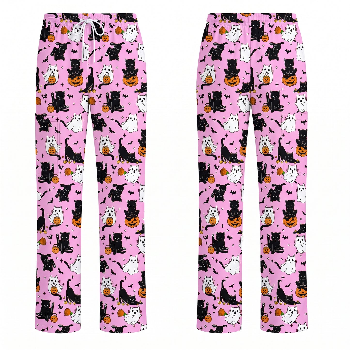 Halloween Cat Ghost Pumpkin Pattern Scrub Set, Scrub Pants and V Neck Top, Breathable Fabrics Nursing Uniform