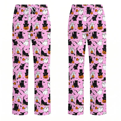 Halloween Cat Ghost Pumpkin Pattern Scrub Set, Scrub Pants and V Neck Top, Breathable Fabrics Nursing Uniform