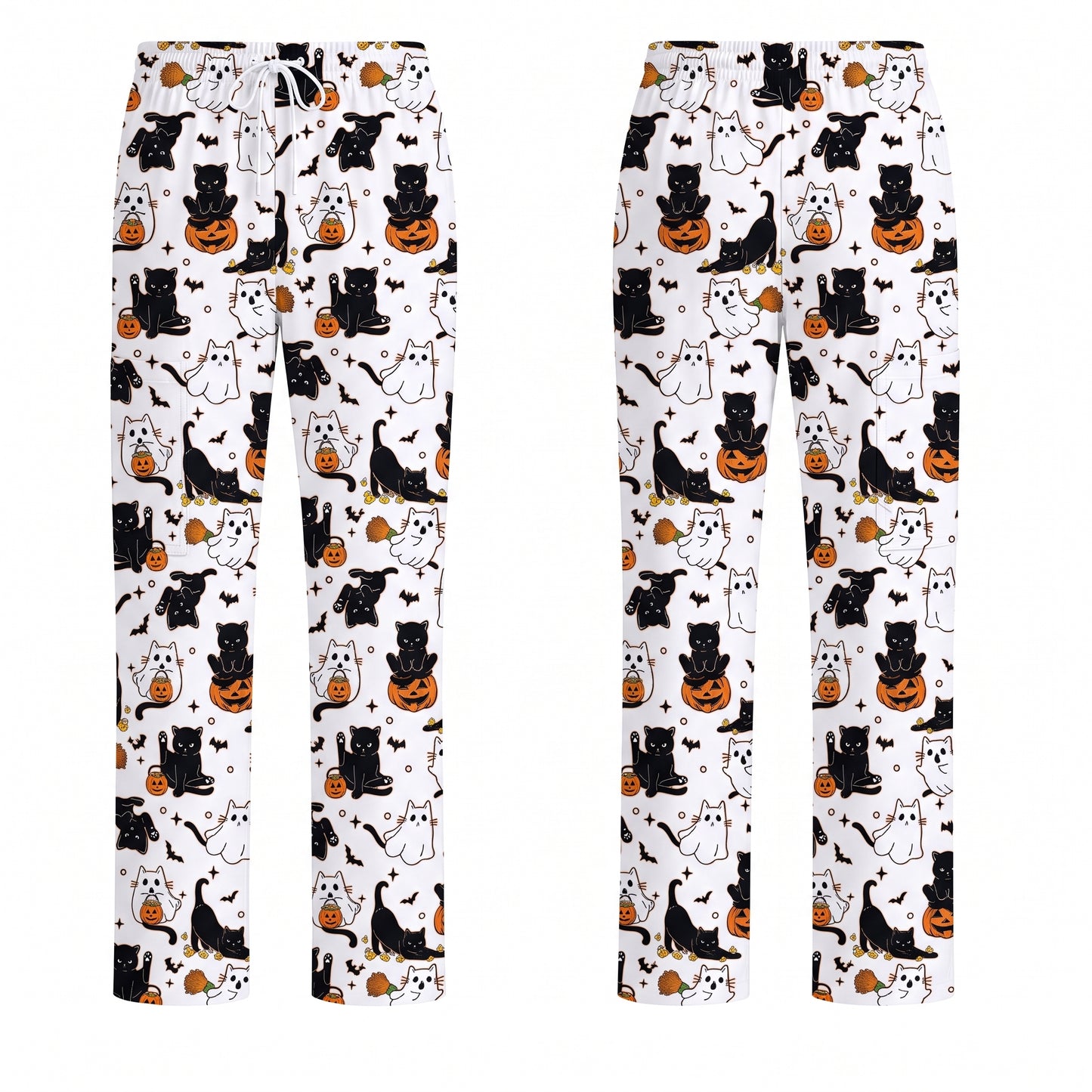 Halloween Cat Ghost Pumpkin Pattern Scrub Set, Scrub Pants and V Neck Top, Breathable Fabrics Nursing Uniform