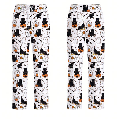 Halloween Cat Ghost Pumpkin Pattern Scrub Set, Scrub Pants and V Neck Top, Breathable Fabrics Nursing Uniform