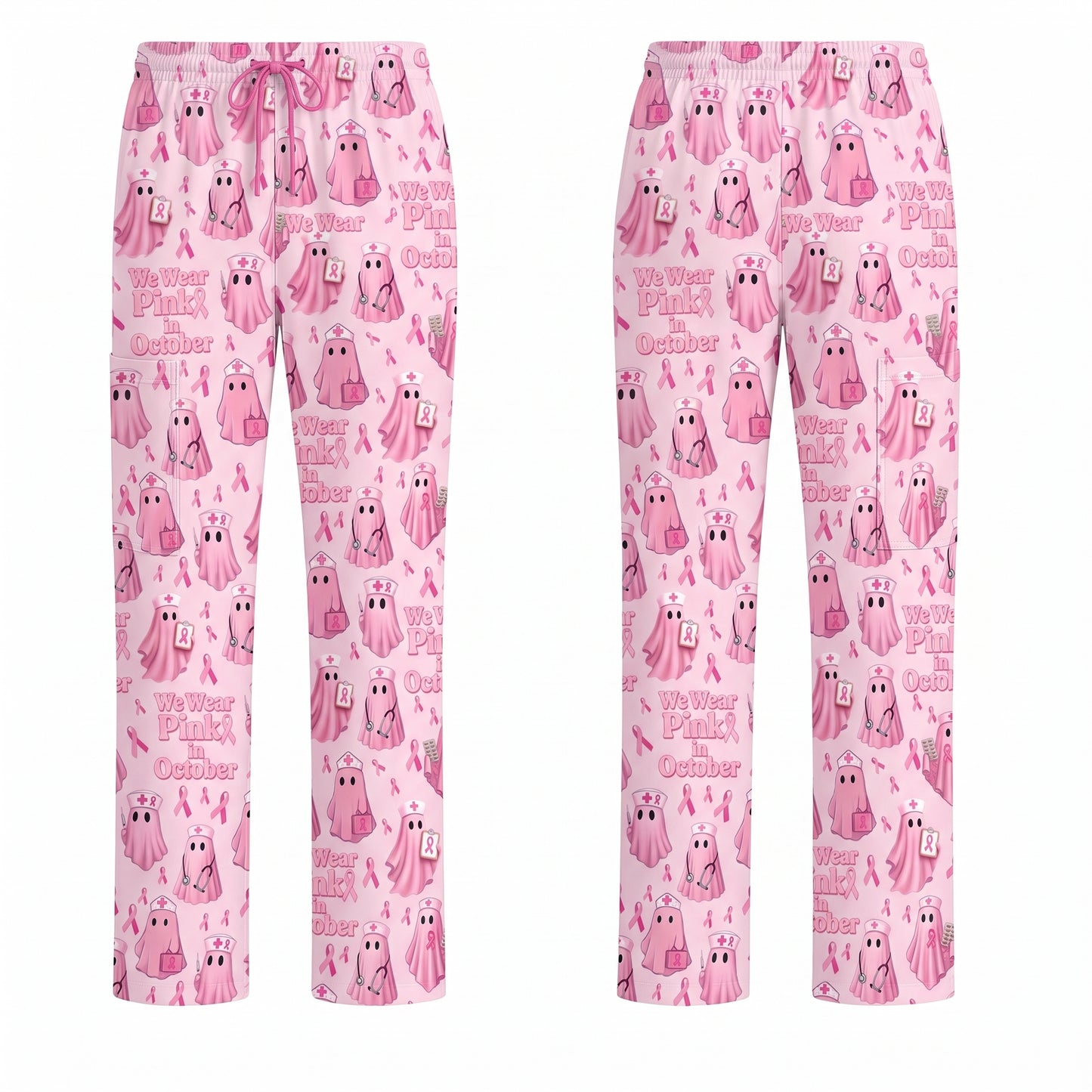 Funny Breast Cancer Awareness Scrub Top, We Wear Pink In October & Ghost Pattern Nurse Uniform, Gift for RN LPN CNA