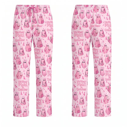 Funny Breast Cancer Awareness Scrub Top, We Wear Pink In October & Ghost Pattern Nurse Uniform, Gift for RN LPN CNA