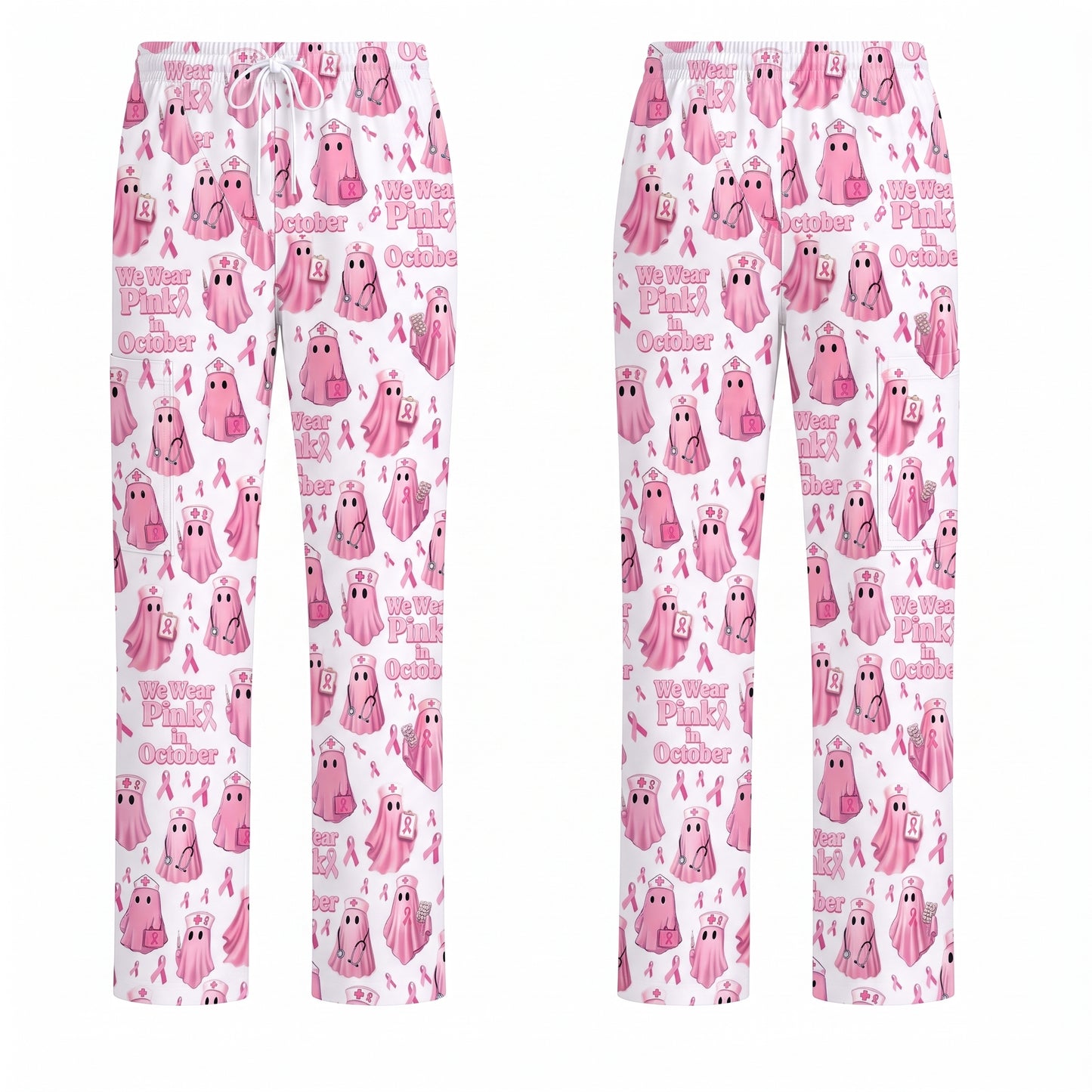 Funny Breast Cancer Awareness Scrub Top, We Wear Pink In October & Ghost Pattern Nurse Uniform, Gift for RN LPN CNA