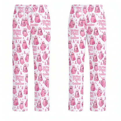 Funny Breast Cancer Awareness Scrub Top, We Wear Pink In October & Ghost Pattern Nurse Uniform, Gift for RN LPN CNA