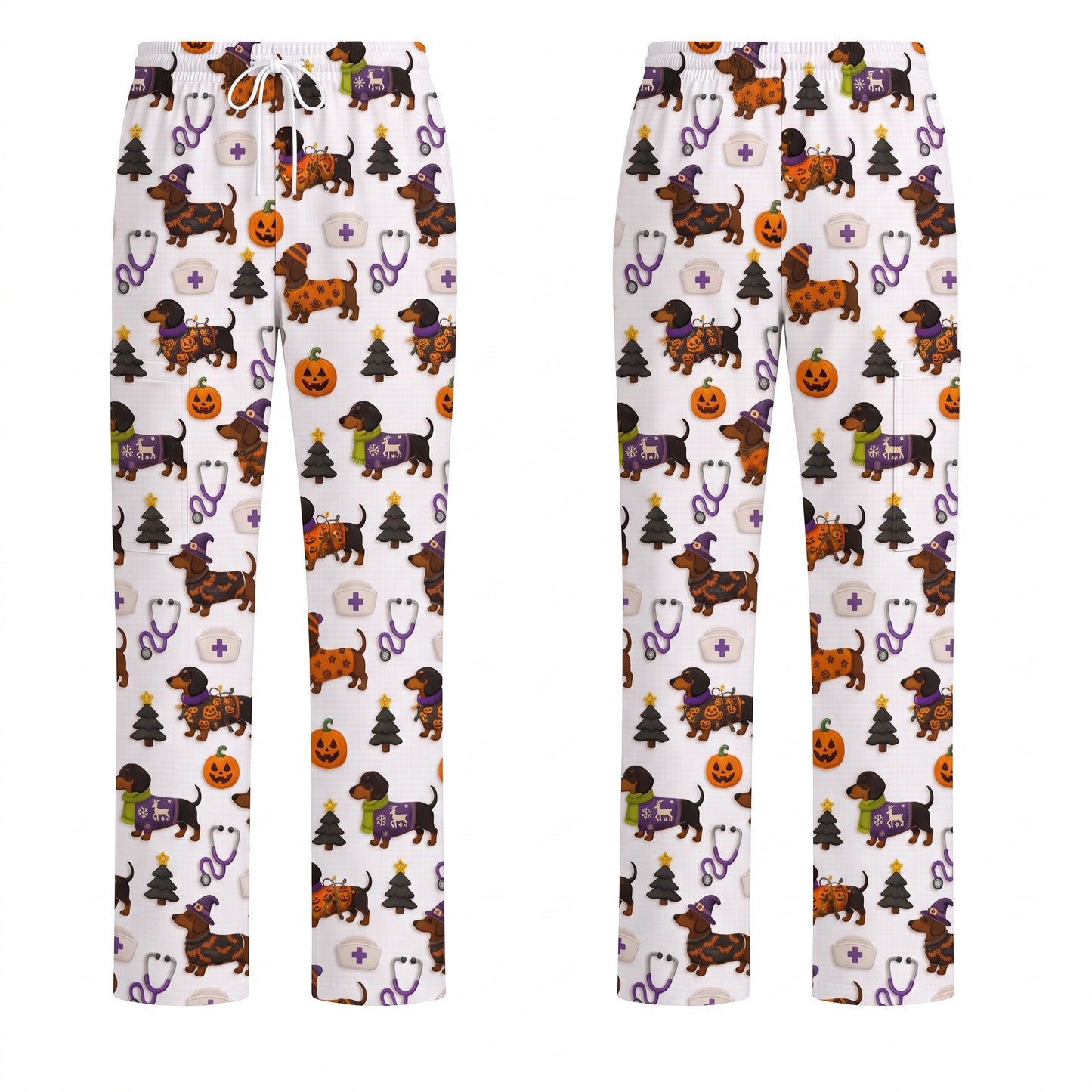 Funny Wiener Dog Pattern Scrub, Halloween Dachshund with Pumpkin Stethoscope Print Scrub Top, Breathable Fabrics Nursing Uniform (Copy)