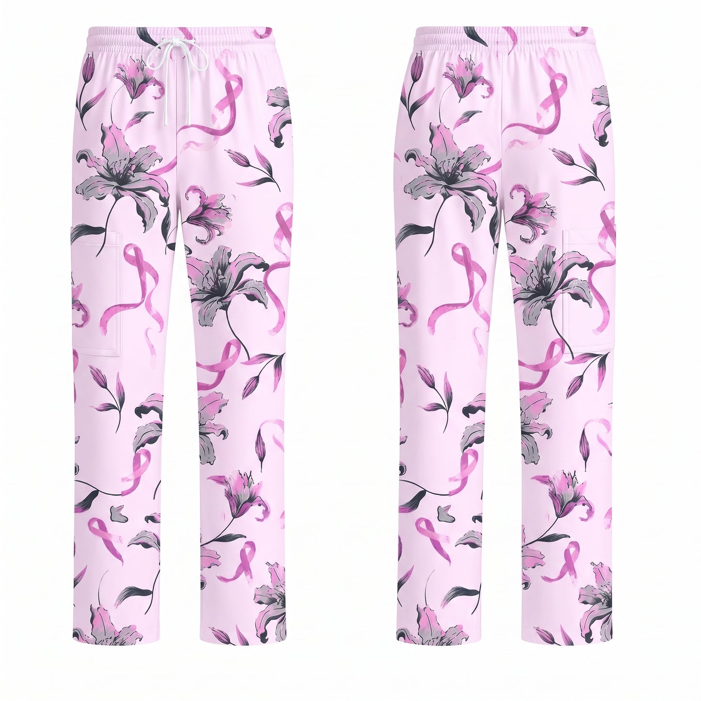 Breast Cancer Awareness Scrub Top for Women, Pink Ribbon Lily Floral Nursing Uniform, Support Breast Cancer Warrior Gift