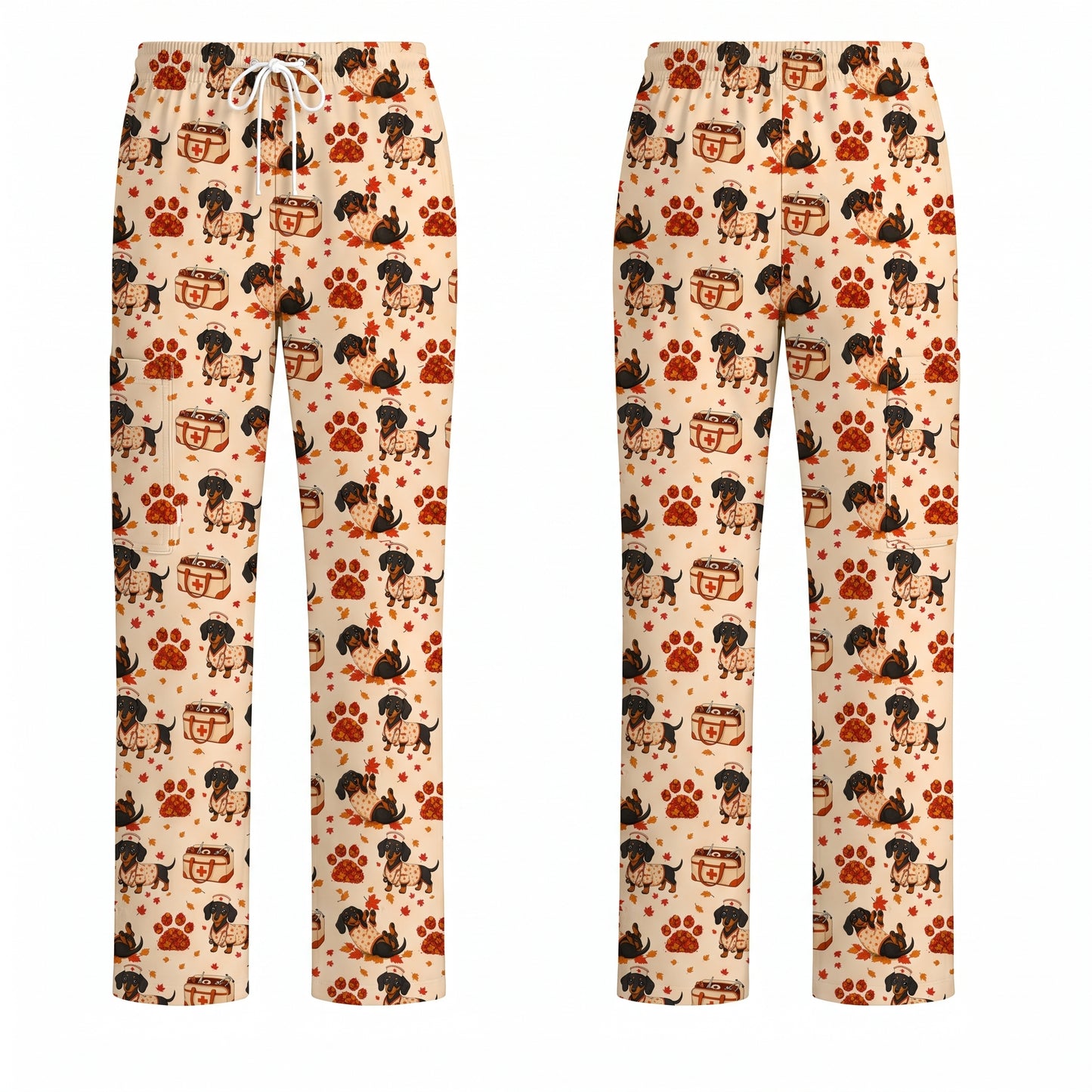 Fall Dachshund Scrub Top, Autumn Wiener Dog Nurse Uniform for Veterinary Professionals, Breathable Fabrics Nursing Scrubs for Dog Lovers