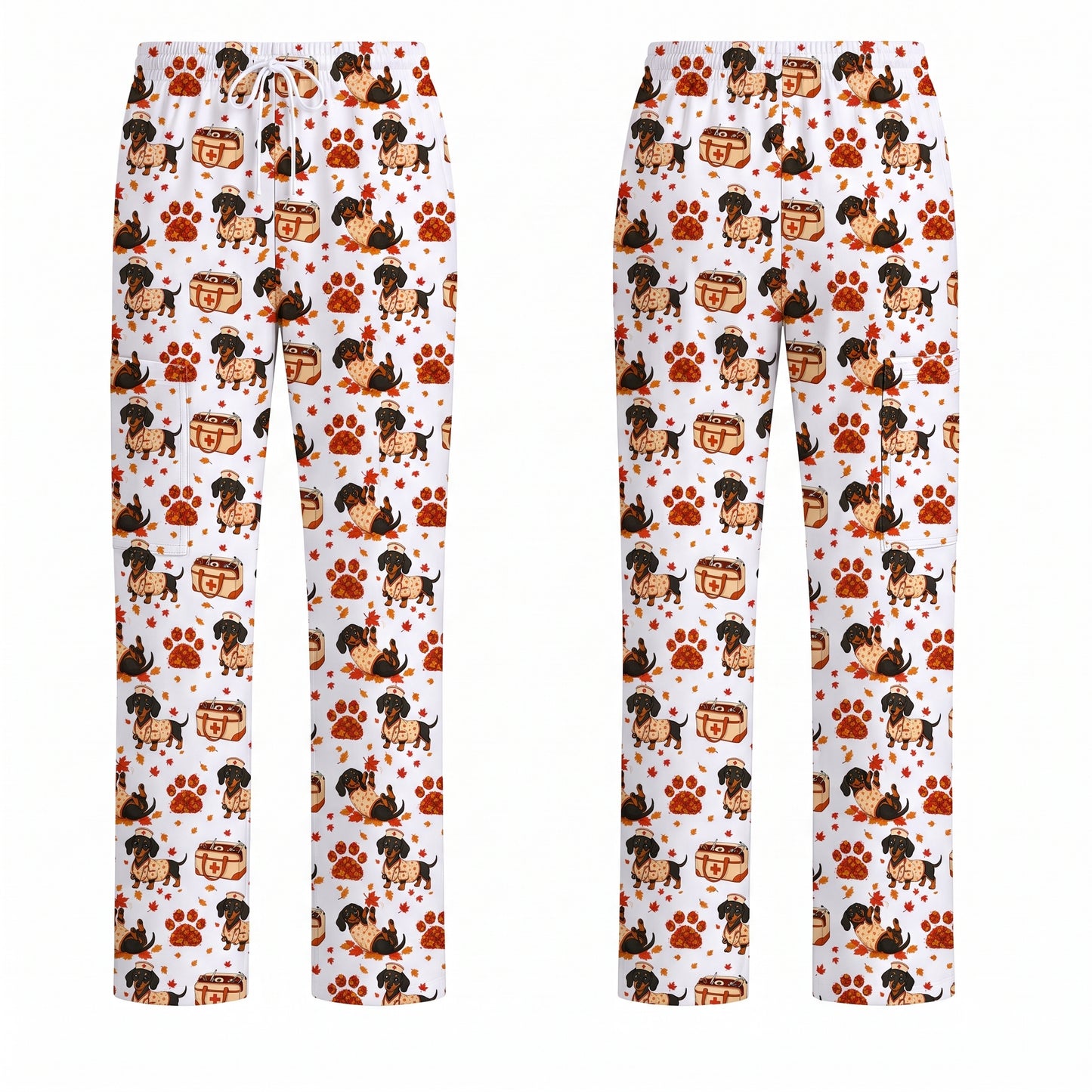 Fall Dachshund Scrub Top, Autumn Wiener Dog Nurse Uniform for Veterinary Professionals, Breathable Fabrics Nursing Scrubs for Dog Lovers