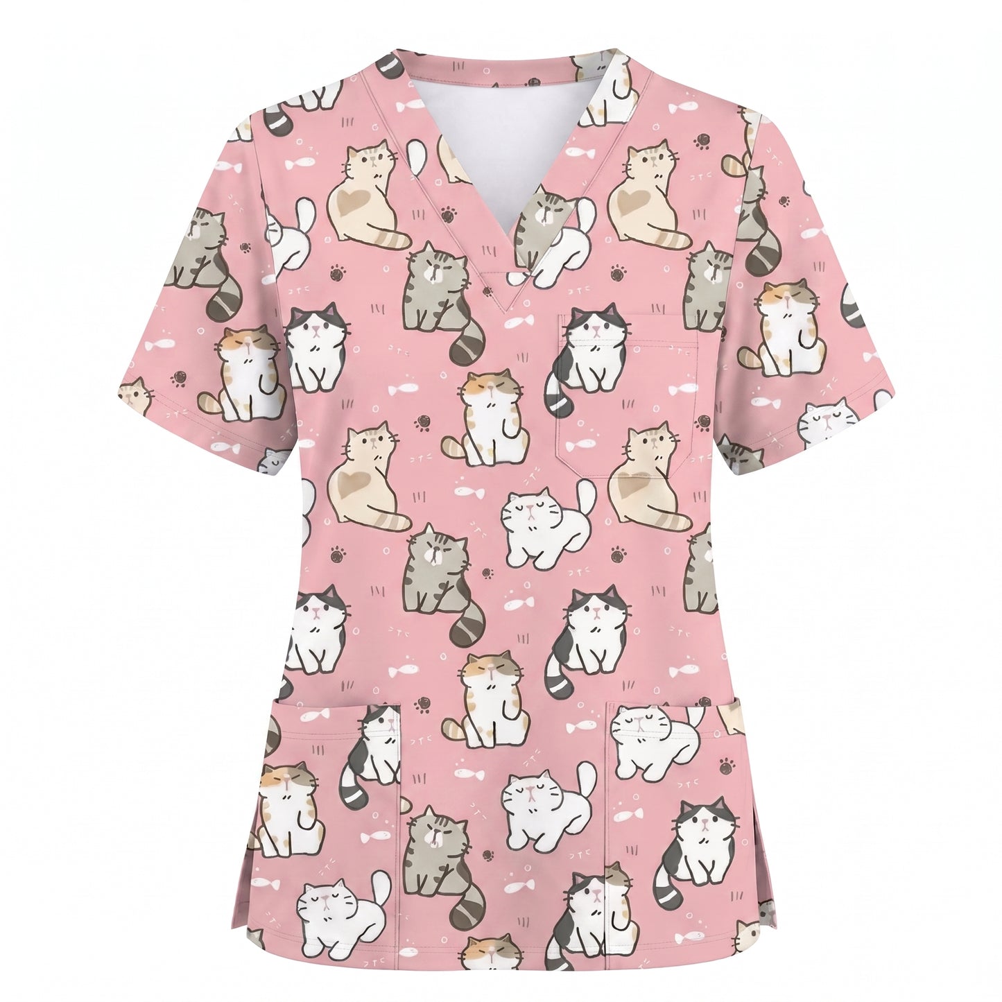 Funny Cat Scrub Set, Cute Cat Pattern Scrub For Nursing, Breathable Med Uniform