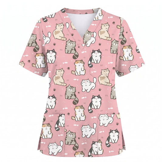 Funny Cat Scrub Set, Cute Cat Pattern Scrub For Nursing, Breathable Med Uniform