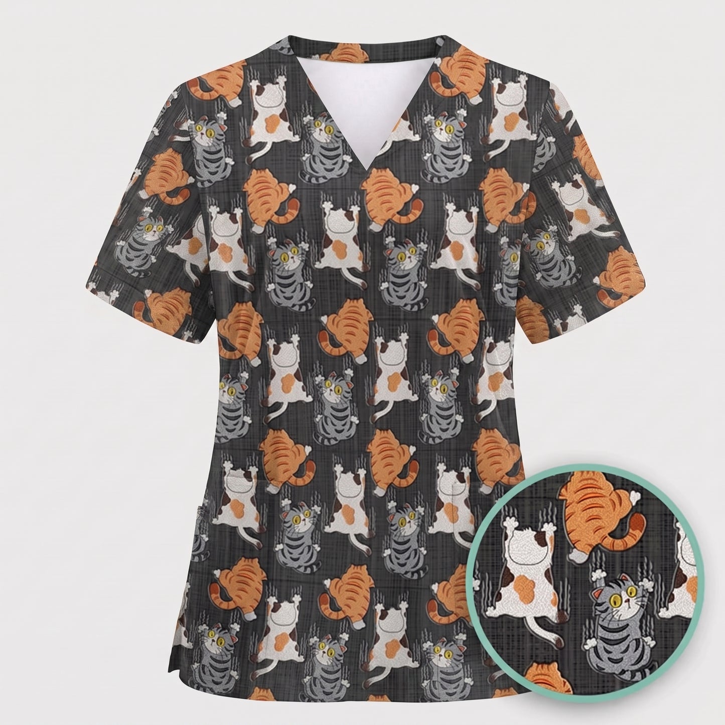 Cute Cat Pattern Nurse Scrub Top, Cats Medical Pattern Shirt, Breathable Fabrics Nursing Uniform