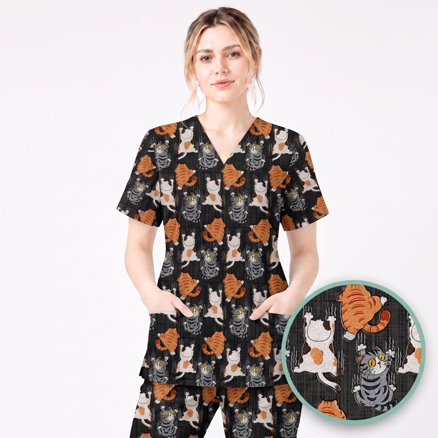 Cute Cat Pattern Nurse Scrub Top, Cats Medical Pattern Shirt, Breathable Fabrics Nursing Uniform