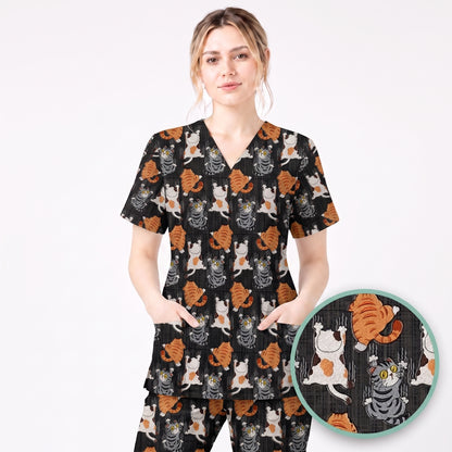 Cute Cat Pattern Nurse Scrub Top, Cats Medical Pattern Shirt, Breathable Fabrics Nursing Uniform