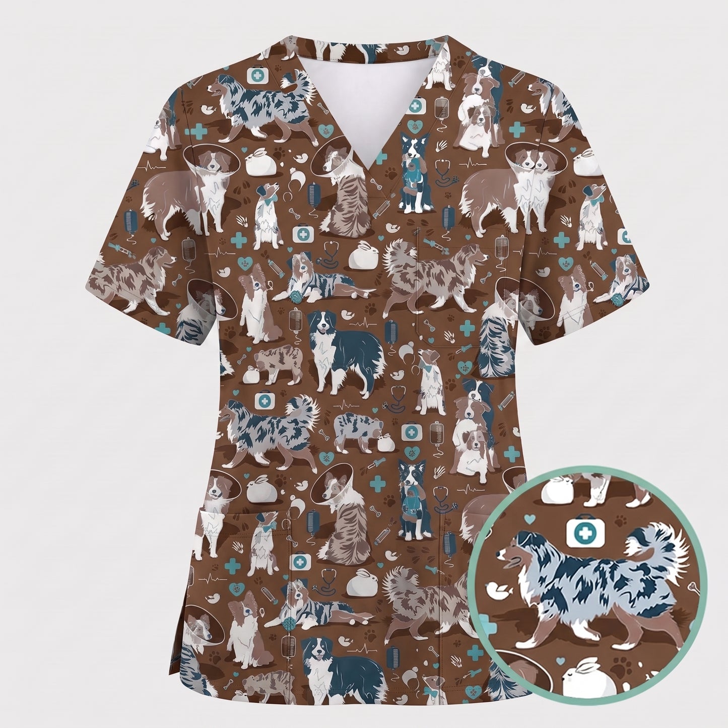 Cute Dog Pattern Veterinary Scrub Top, Breathable Fabrics Nursing Uniform, Gift For Nursing