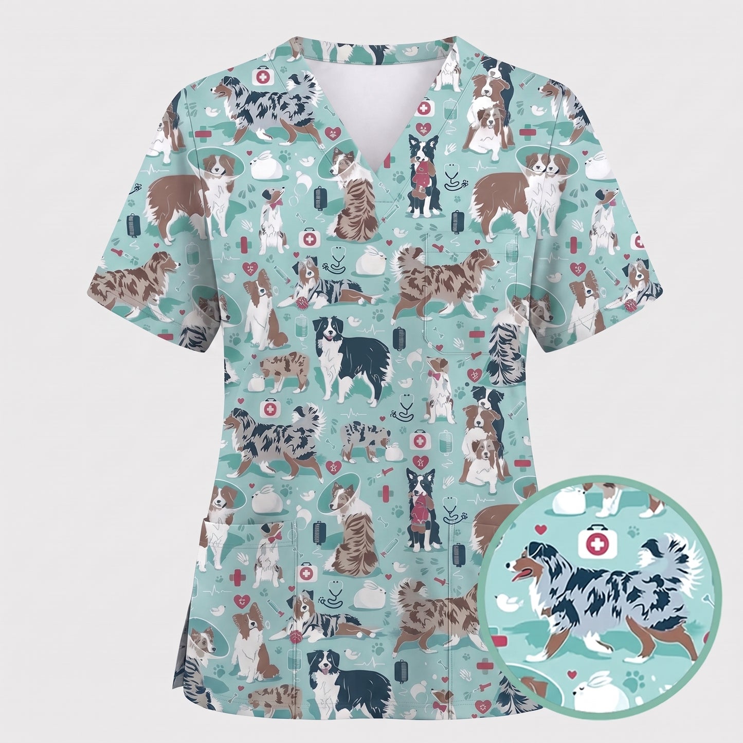 Cute Dog Pattern Veterinary Scrub Top, Breathable Fabrics Nursing Uniform, Gift For Nursing