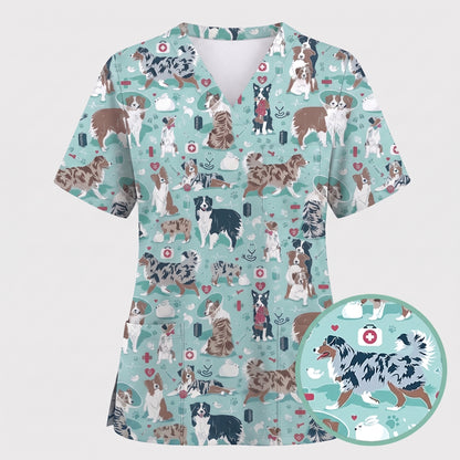 Cute Dog Pattern Veterinary Scrub Top, Breathable Fabrics Nursing Uniform, Gift For Nursing