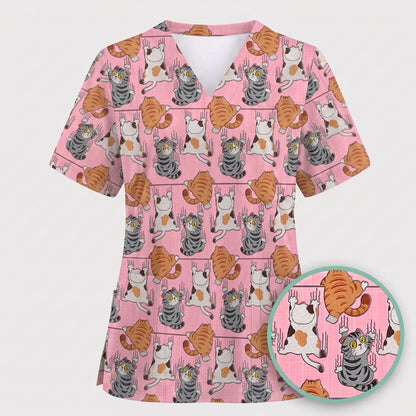 Cute Cat Pattern Nurse Scrub Top, Cats Medical Pattern Shirt, Breathable Fabrics Nursing Uniform