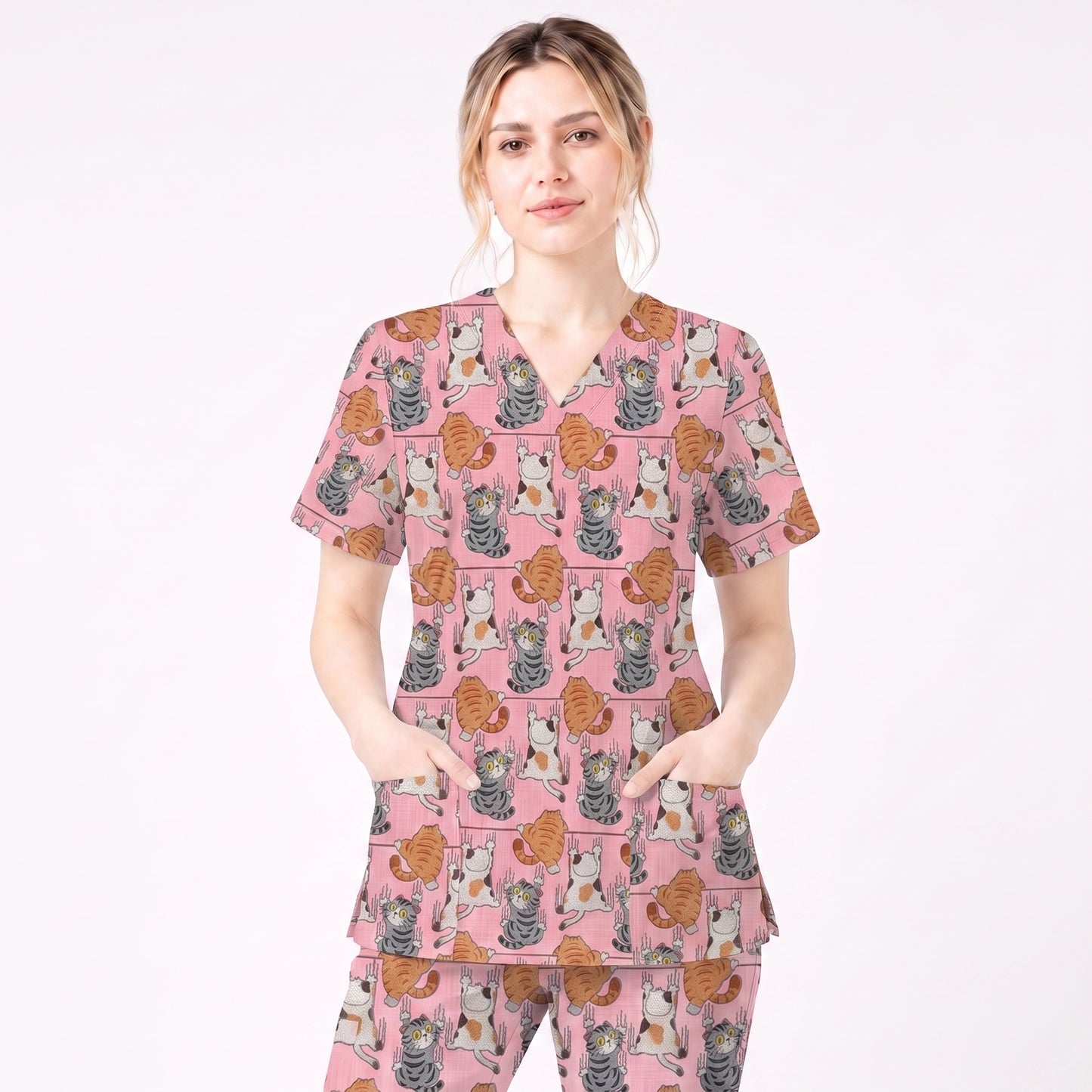 Cute Cat Pattern Nurse Scrub Top, Cats Medical Pattern Shirt, Breathable Fabrics Nursing Uniform
