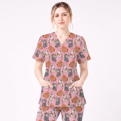 Cute Cat Pattern Nurse Scrub Top, Cats Medical Pattern Shirt, Breathable Fabrics Nursing Uniform