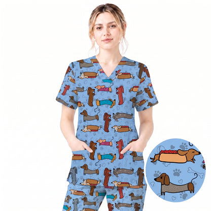 Cute Dachshund Scrub Top for Nurses, Funny Wiener Dog Print Medical Uniform Shirt, Sausage Dog Pattern Veterinary Workwear