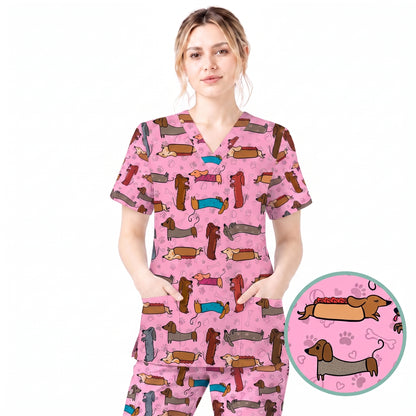 Cute Dachshund Scrub Top for Nurses, Funny Wiener Dog Print Medical Uniform Shirt, Sausage Dog Pattern Veterinary Workwear