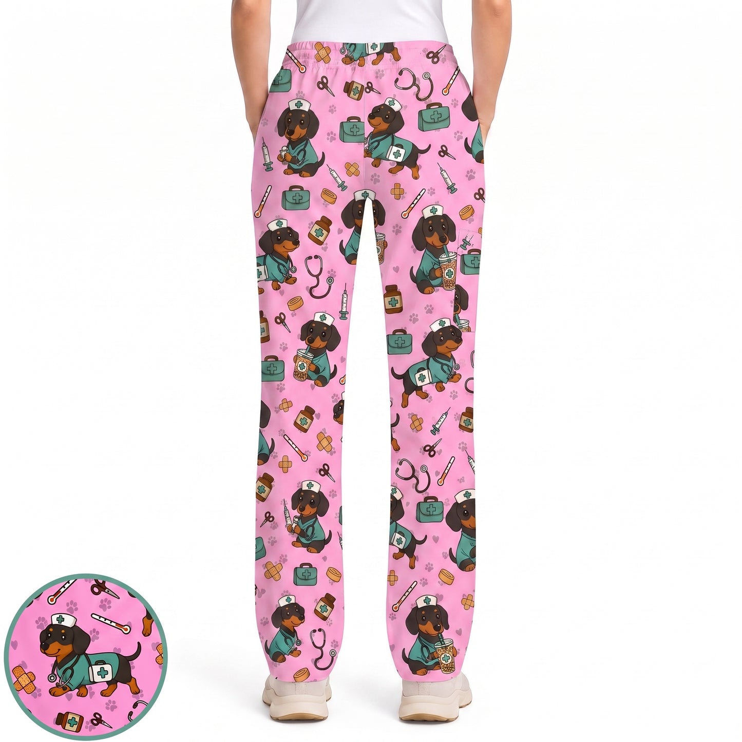Funny Dachshund Pattern Medical Shirt Nursing, Cute Wiener Dog Nurse Scrub Top, Breathable Med Uniform, RN CNA Doctor Scrubs